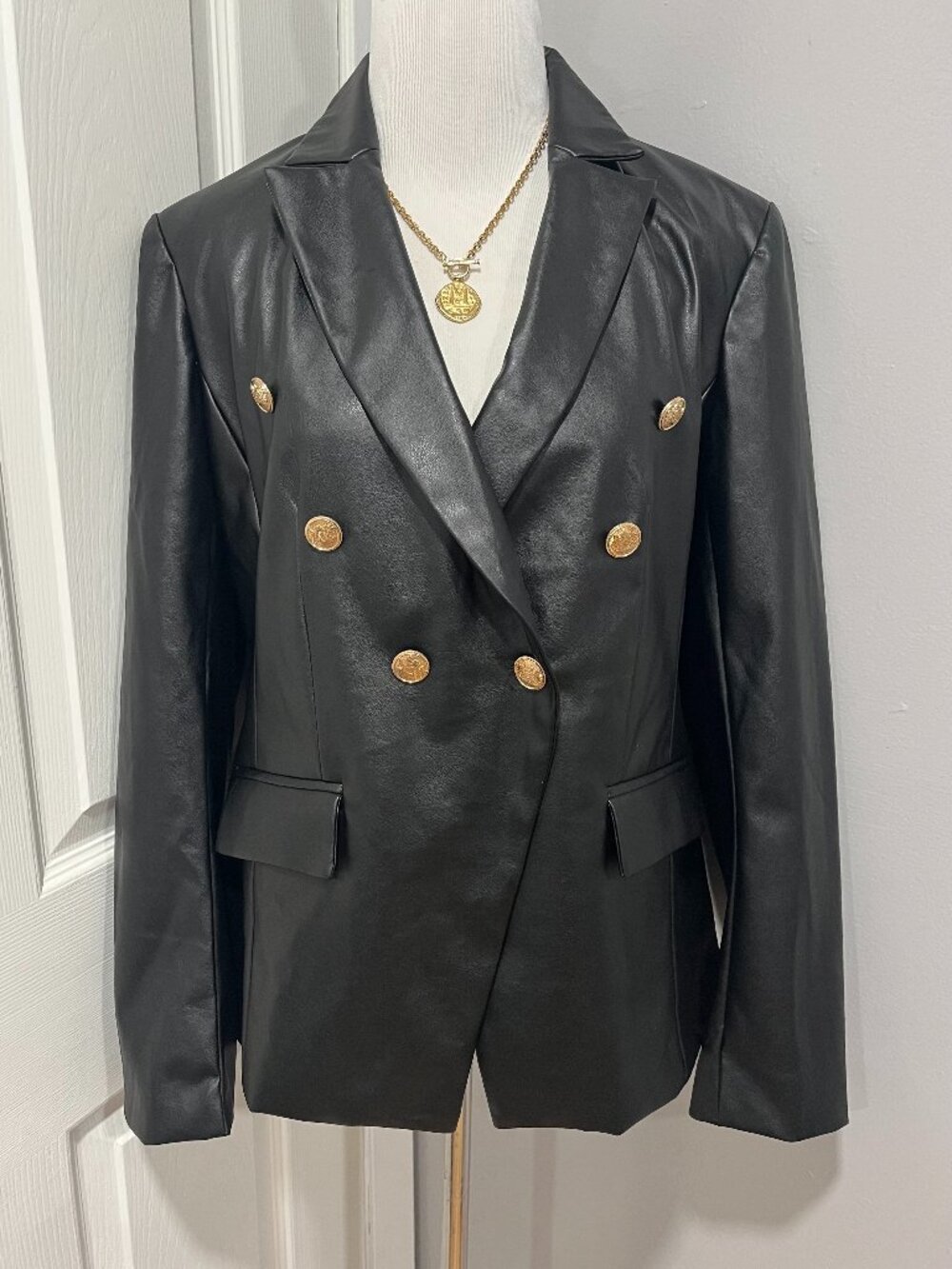 NEW WITH TAGS NY & C BLACK FAUX LEATHER DOUBLE BREASTED BLAZER GOLD BUTTONS -S